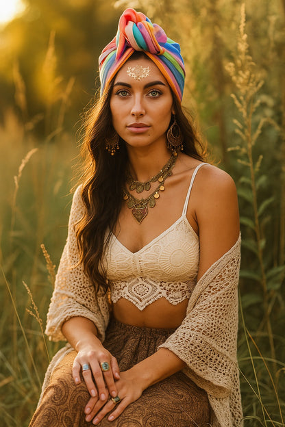 Woman in a field wearing a colorful wire headwrap and bohemian clothing.