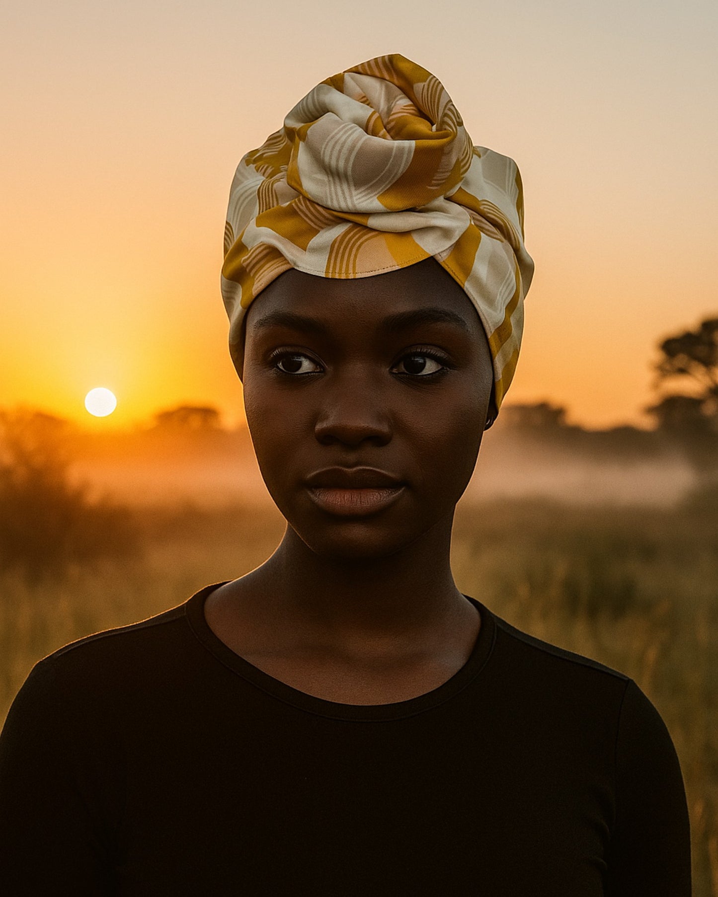 Woman wearing a patterned wire head band against a sunset background front view