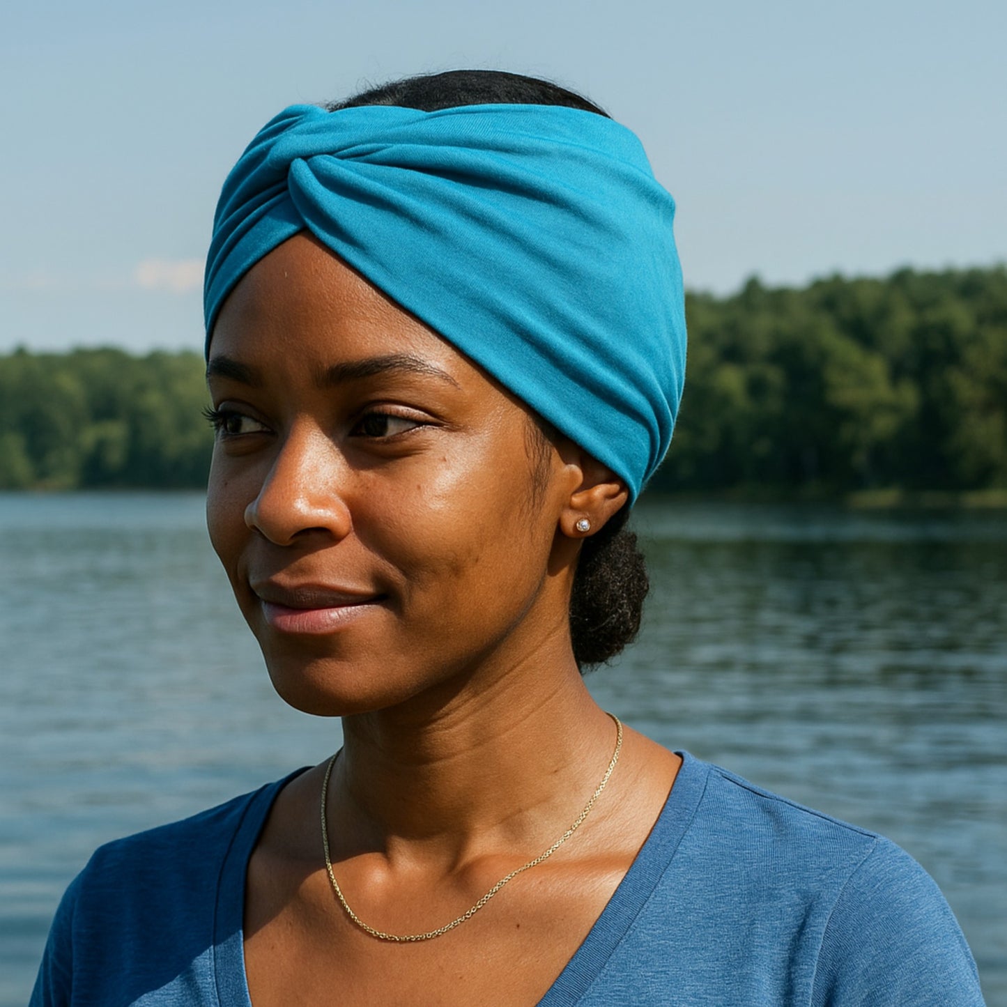 Woman wearing a blue headscarf and shirt by a lake with trees in the background