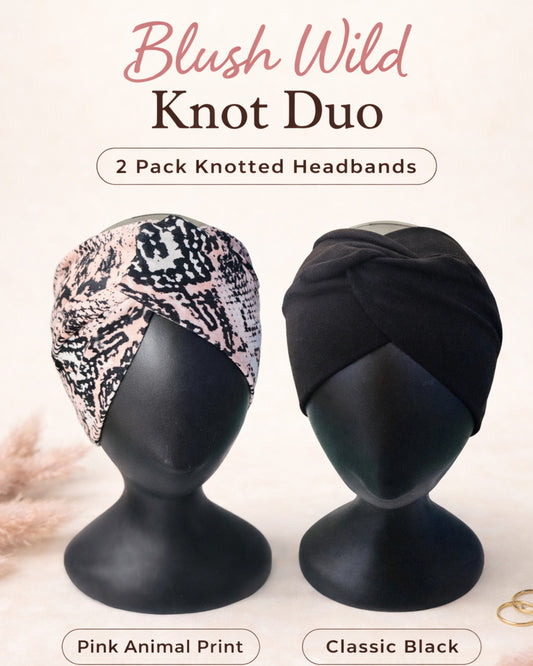 Two knotted headbands on mannequin heads with 'Blush Wild' branding and product names.