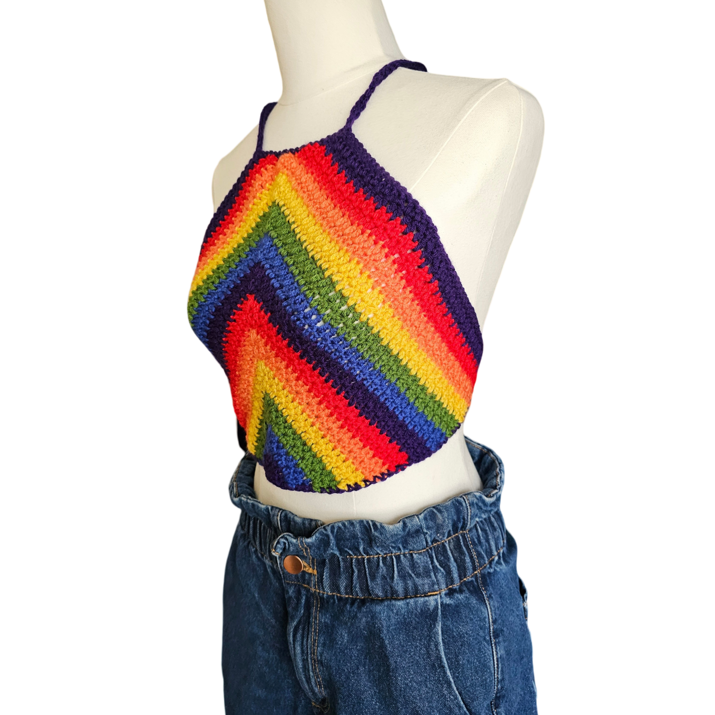 Crochet top - rainbow V Side View