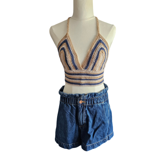 Crochet Top - Beige/Navy Front View
