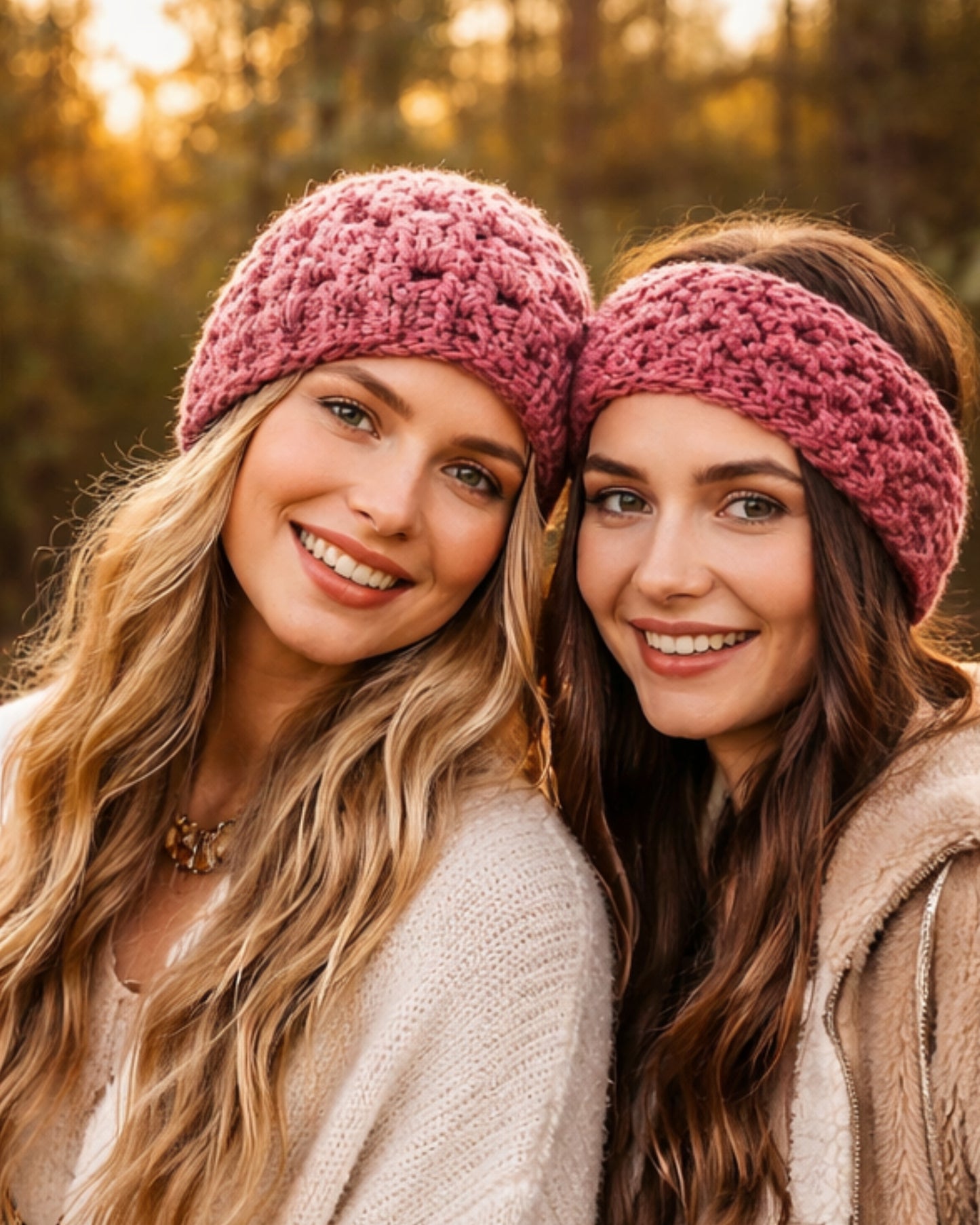 Two women wearing pink knitted headbands in a forest setting.